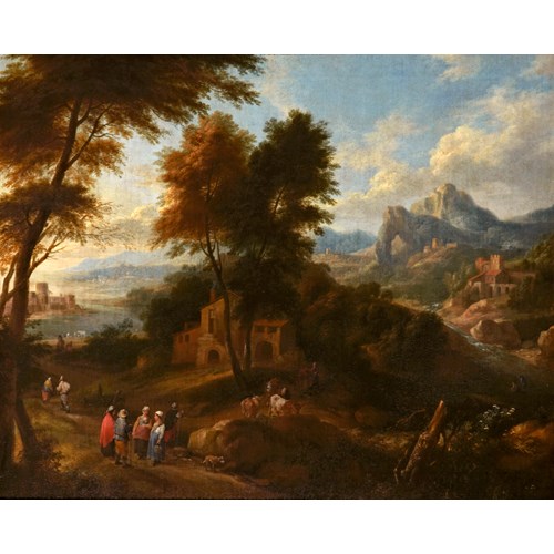 An Extensive River Landscape with Figures around a Village with a Town in the Distance & An Extensive Mountainous Landscape with Figures before a Building